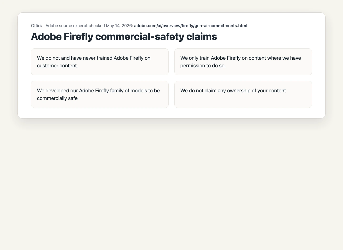 Official Adobe Firefly generative AI commitment excerpt showing commercial safety and customer content claims