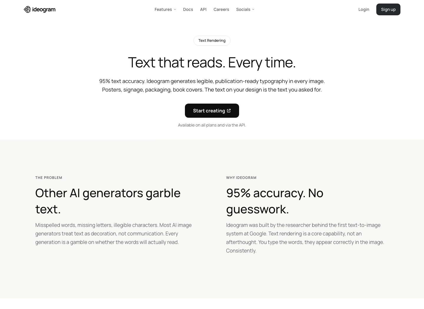 Official Ideogram text rendering page claiming 95 percent text accuracy for legible typography