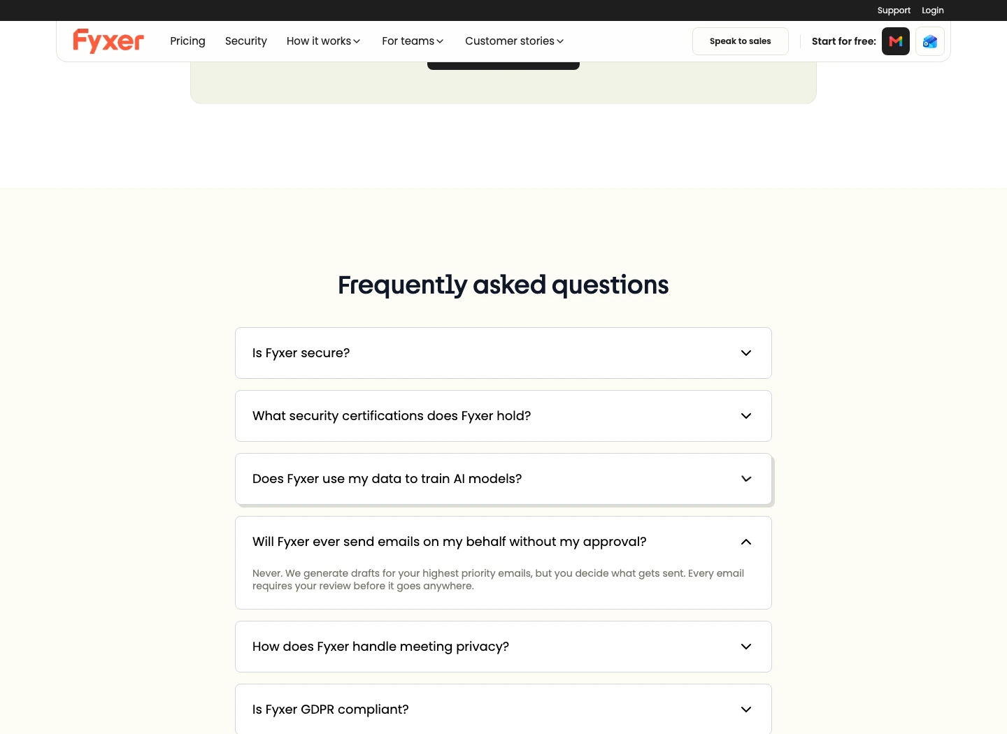 Fyxer security FAQ showing email drafts require user review before sending