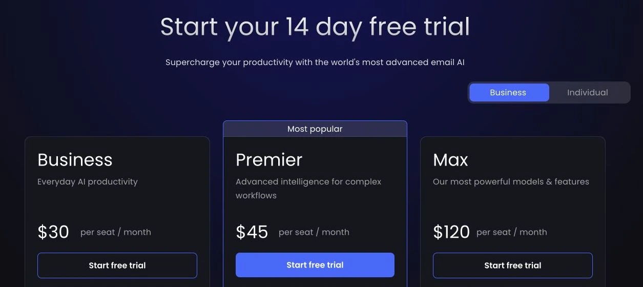 Official Shortwave pricing cards showing Business at 30 dollars, Premier at 45 dollars, and Max at 120 dollars per seat per month