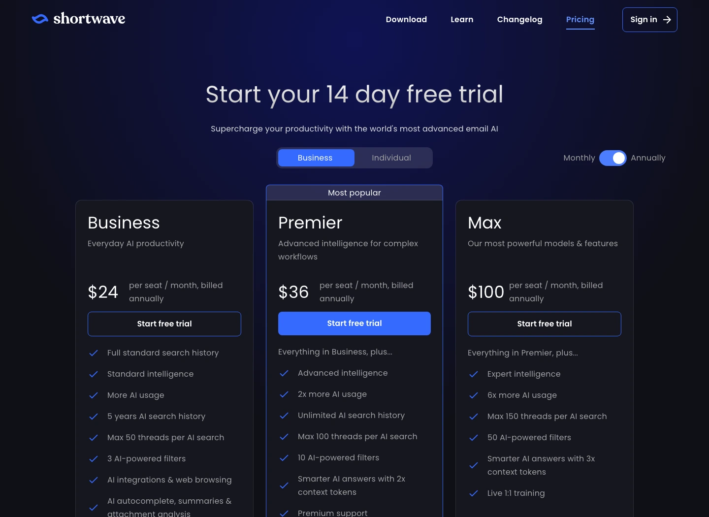 Shortwave pricing page showing Business, Premier, and Max AI email assistant plans