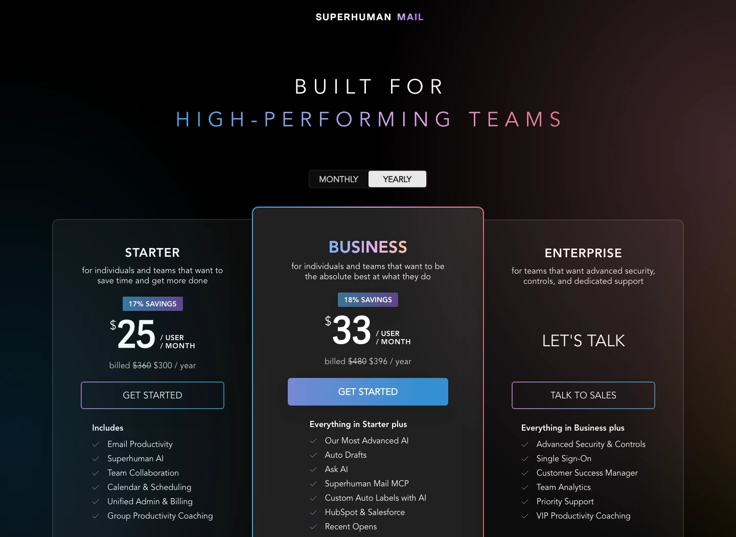 Superhuman pricing page showing Starter and Business AI email assistant plans