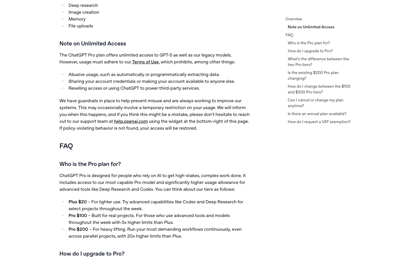 OpenAI Help Center page showing ChatGPT Pro $100 and Pro $200 tiers