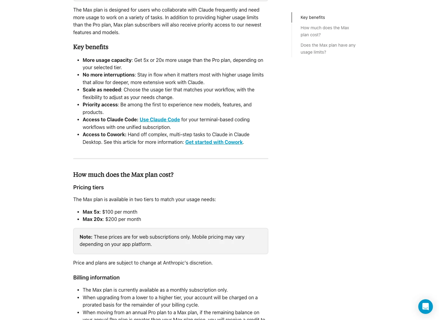 Anthropic Help Center page showing Claude Max 5x and Max 20x pricing