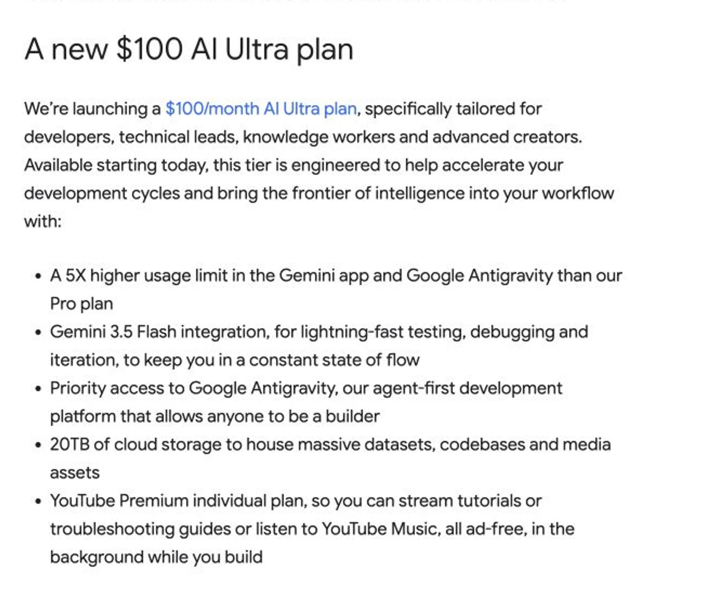 Google product blog announcing the new $100 AI Ultra plan at Google I/O 2026