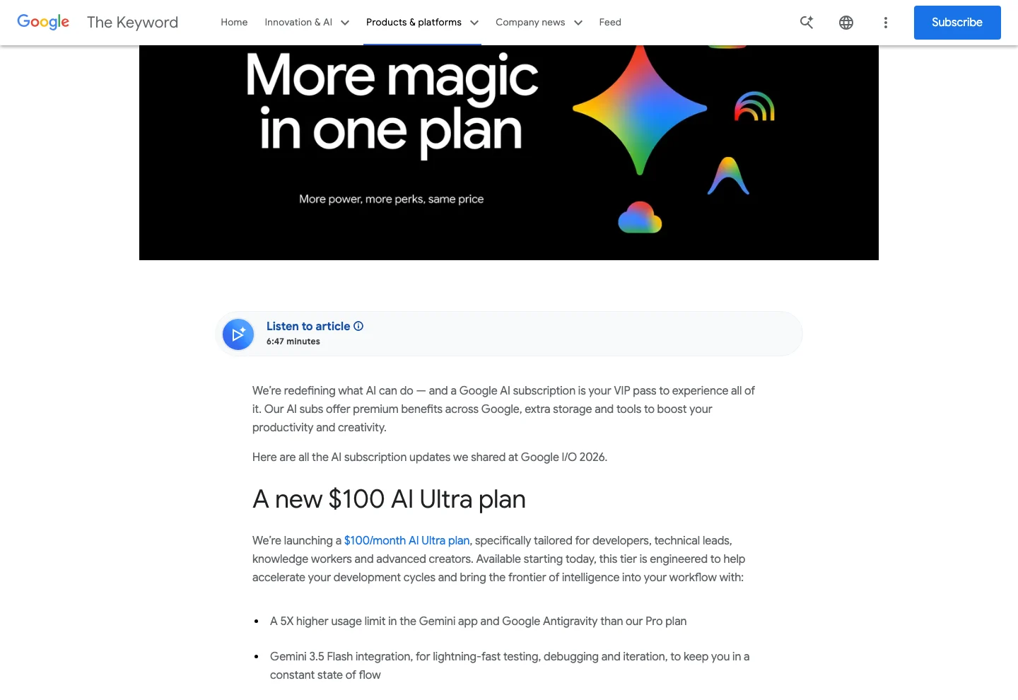 Google Keyword page announcing the new $100 AI Ultra plan at Google I/O 2026