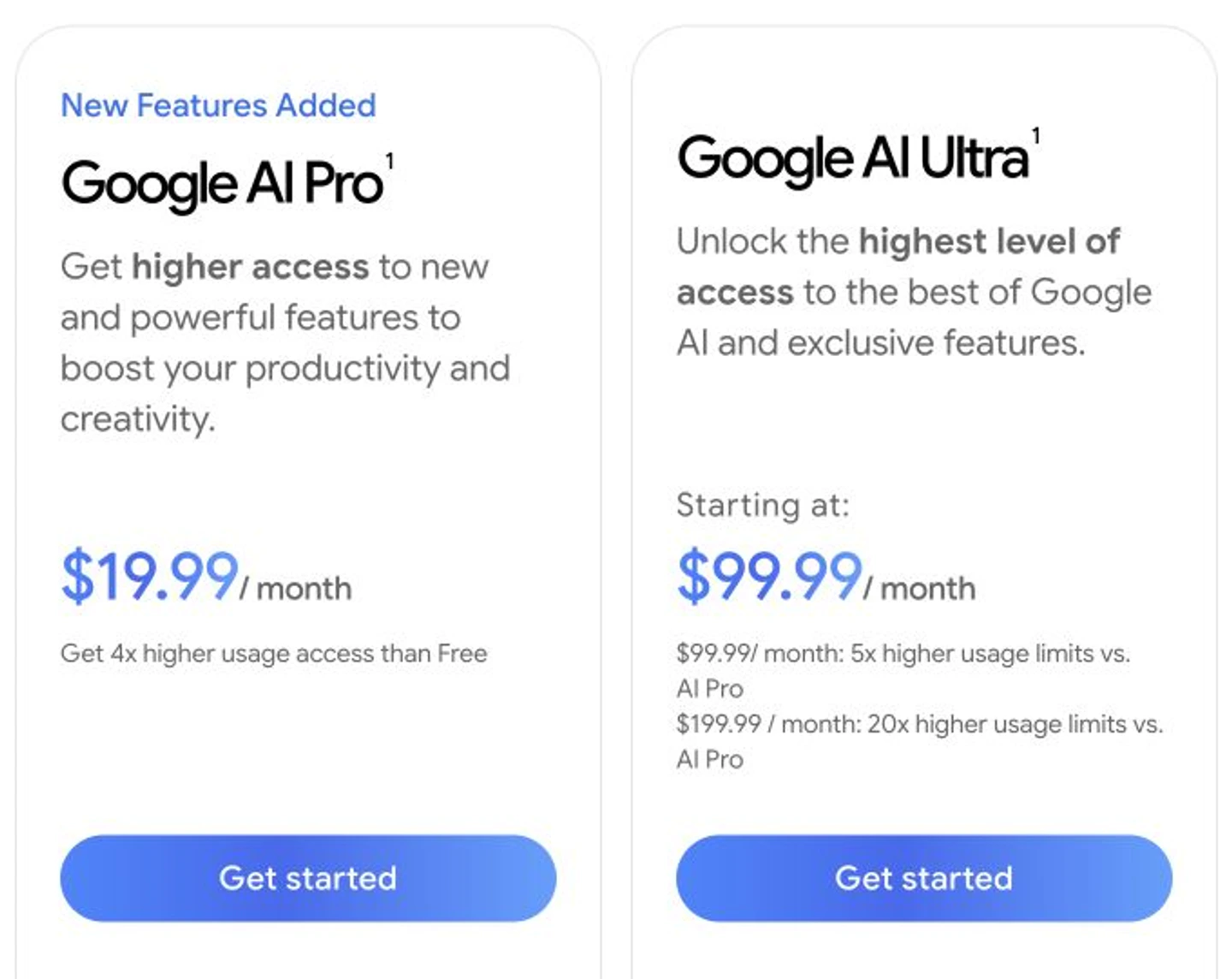 Google AI Ultra card showing $99.99 and $199.99 monthly tiers in the United States