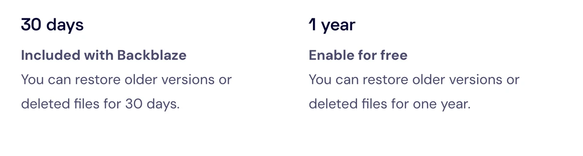 Backblaze shows 30-day history included and one year available to enable free.