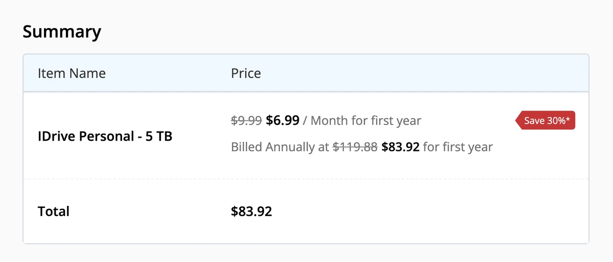 IDrive Personal 5TB order summary shows $83.92 first-year total and $119.88 standard annual billing.