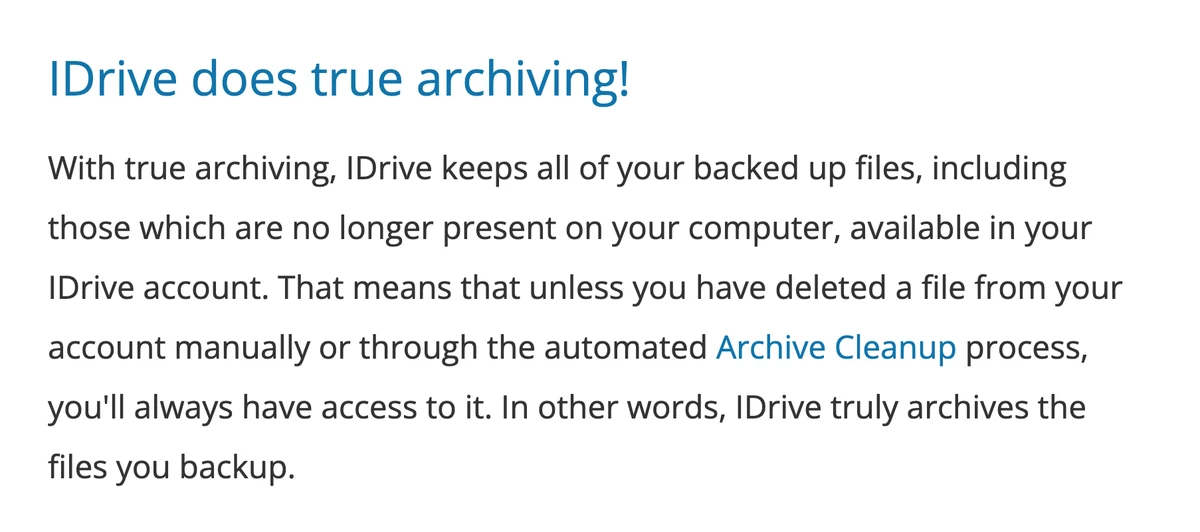 IDrive True Archiving paragraph retains both manual deletion and Archive Cleanup exceptions.