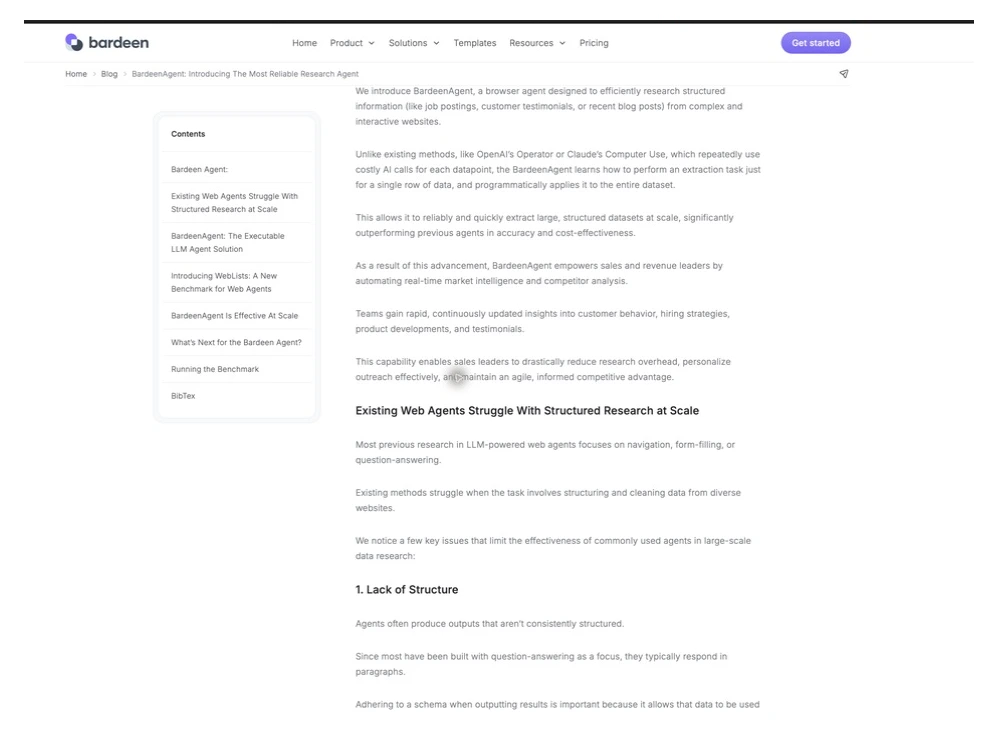 Bardeen official BardeenAgent page explaining browser research and structured extraction at scale