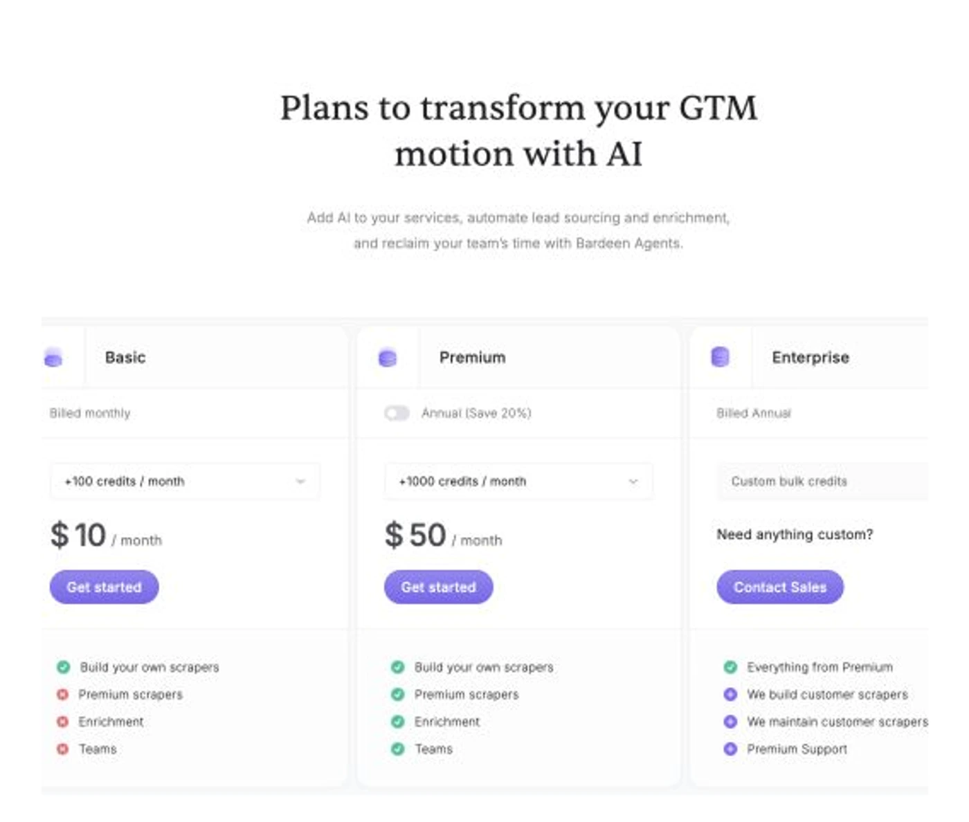 Bardeen official pricing showing Basic at 10 dollars and Premium at 50 dollars per month