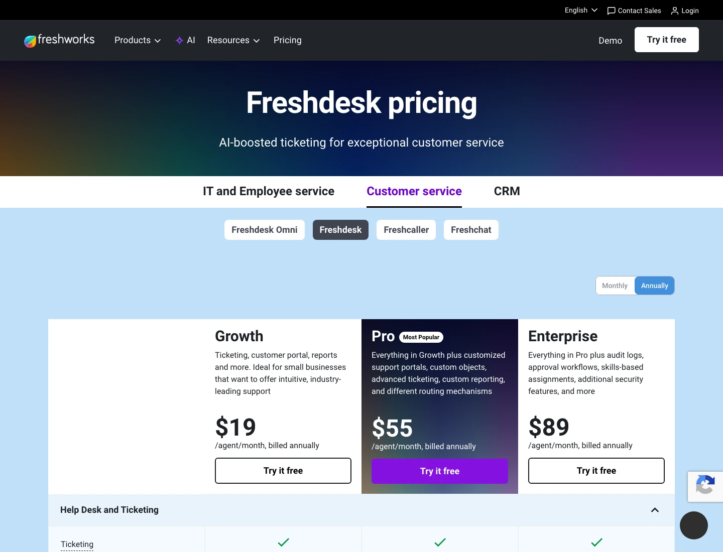 Freshdesk pricing page showing Growth, Pro, and Enterprise plans with Freddy AI Agent sessions