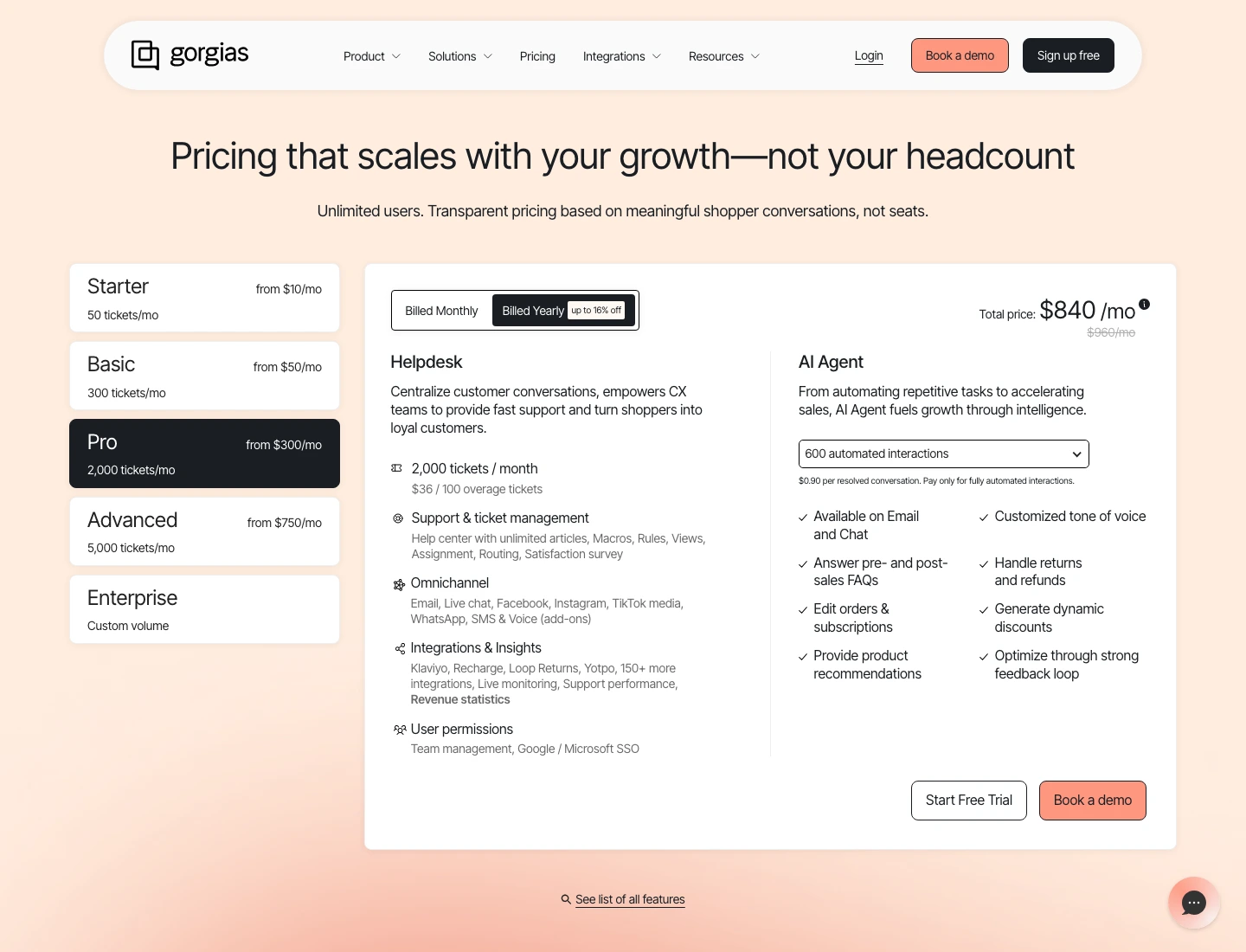 Gorgias pricing page showing helpdesk and AI Agent pricing cards for ecommerce support