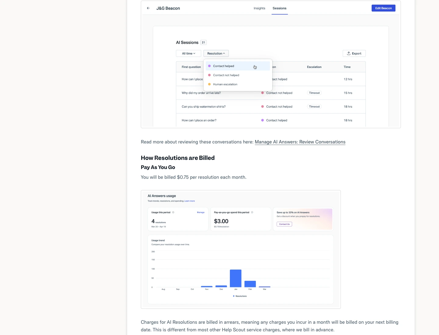 Help Scout AI Resolutions pricing documentation showing pay-as-you-go AI Answers billing