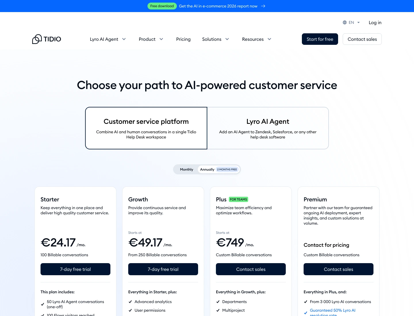 Tidio pricing page showing customer service, Lyro AI Agent, and Flows pricing paths