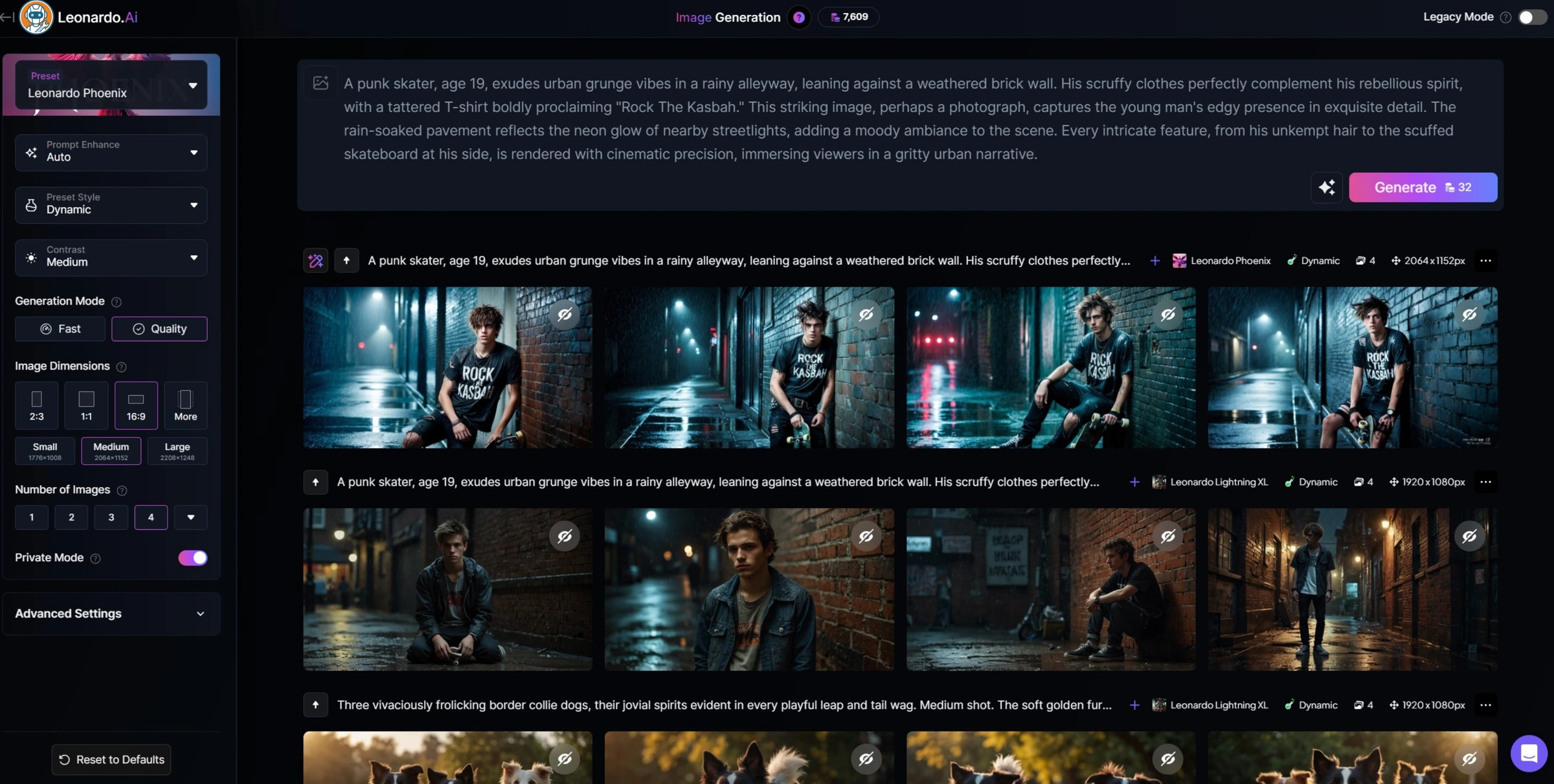 Leonardo AI generation dashboard with model selection and editing tools