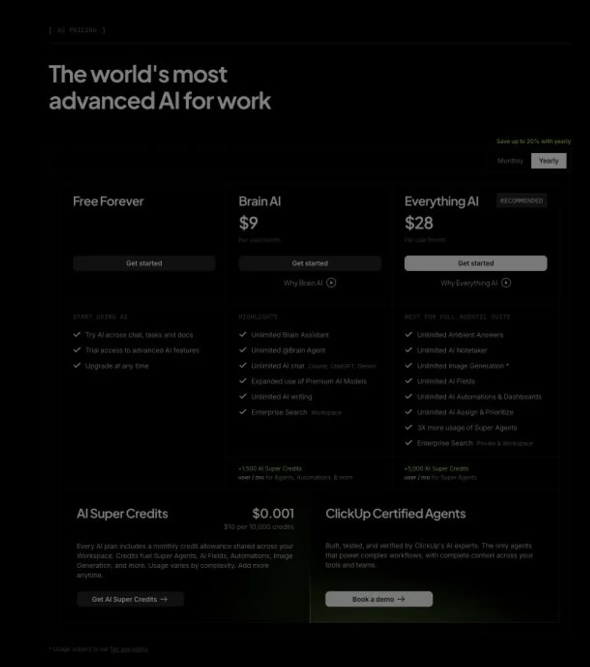 ClickUp official AI pricing section showing Brain AI at 9 dollars and Everything AI at 28 dollars per user per month