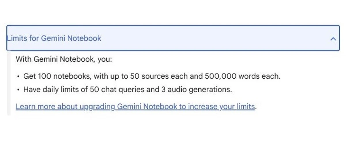 Google help page showing standard Gemini Notebook limits for notebooks, sources, words, chats, and audio generations