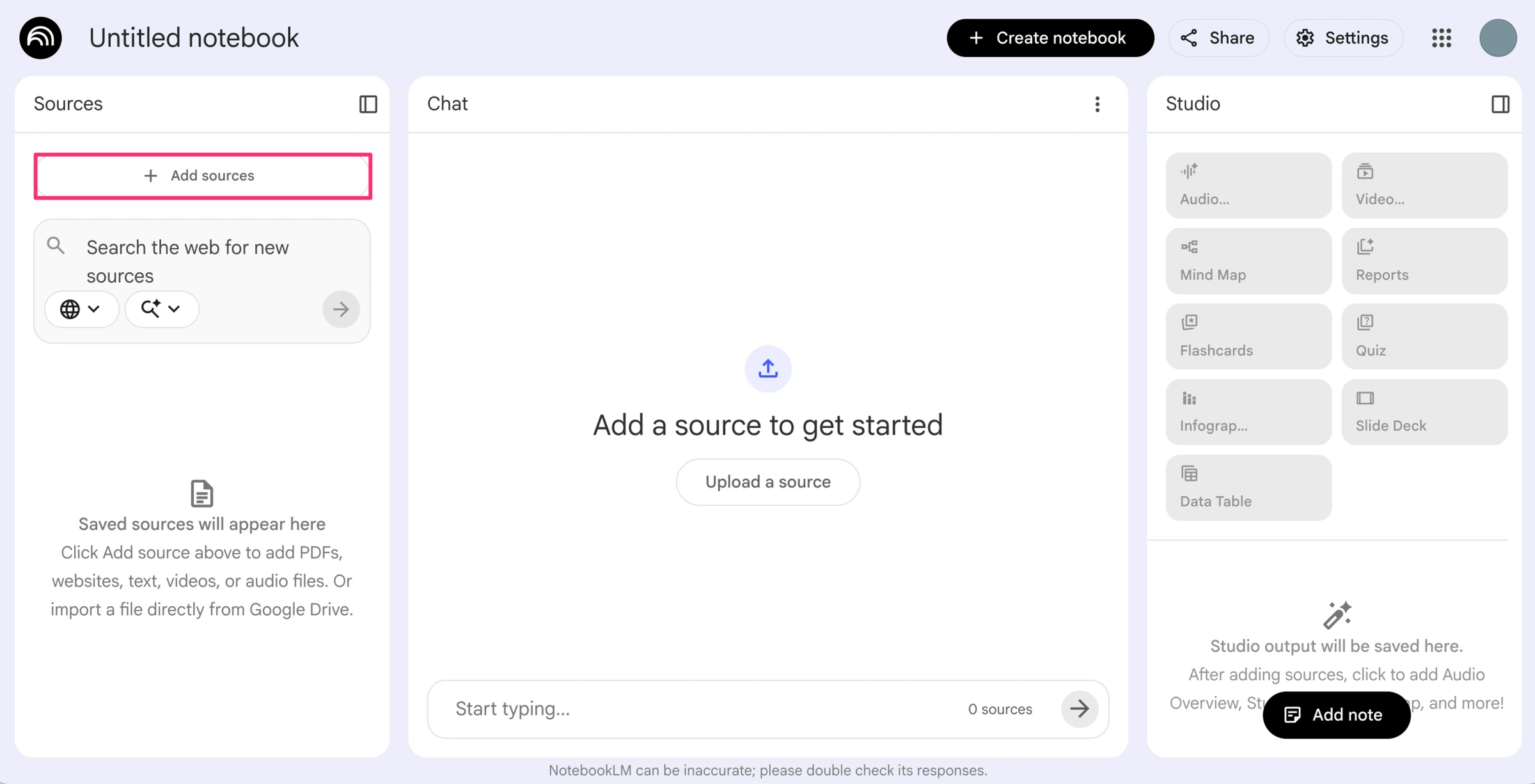 NotebookLM interface showing uploaded sources panel and AI chat response with inline citations
