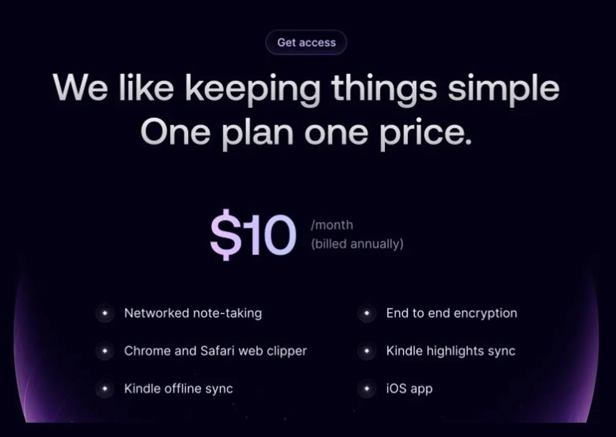 Reflect official pricing section showing one plan at 10 dollars per month billed annually and end-to-end encryption