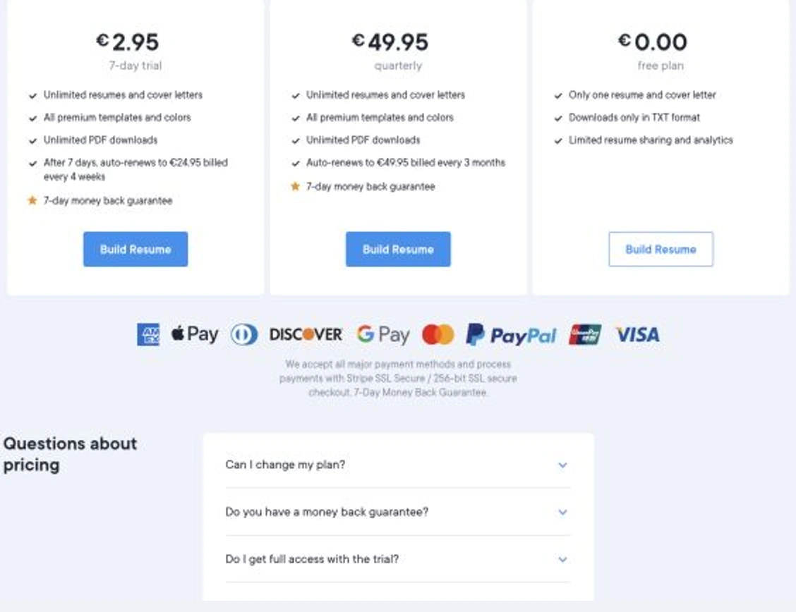 Resume.io official EU pricing showing seven day trial four week renewal quarterly and free plans