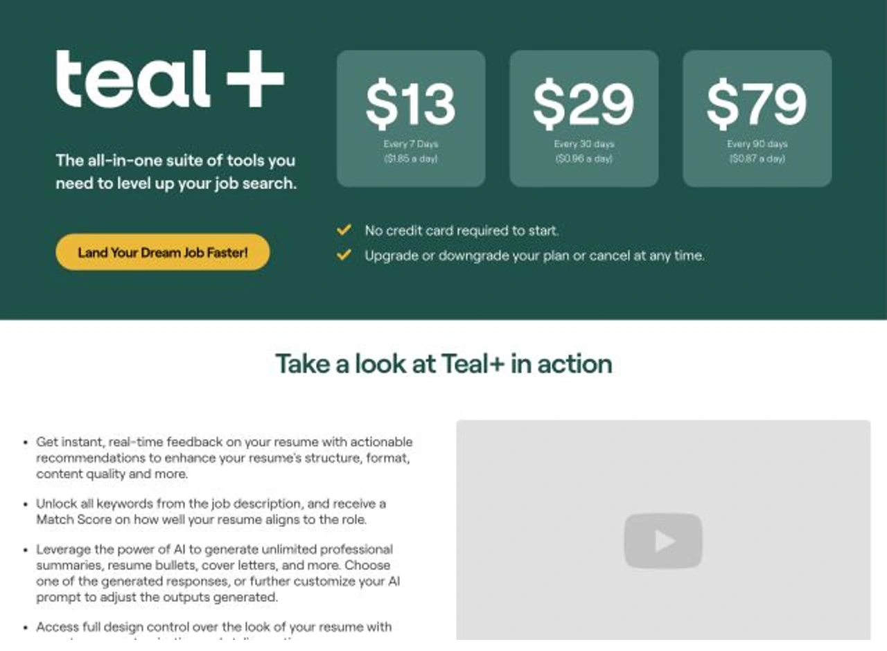 Teal official pricing and Teal Plus workflow section showing seven, thirty, and ninety day options