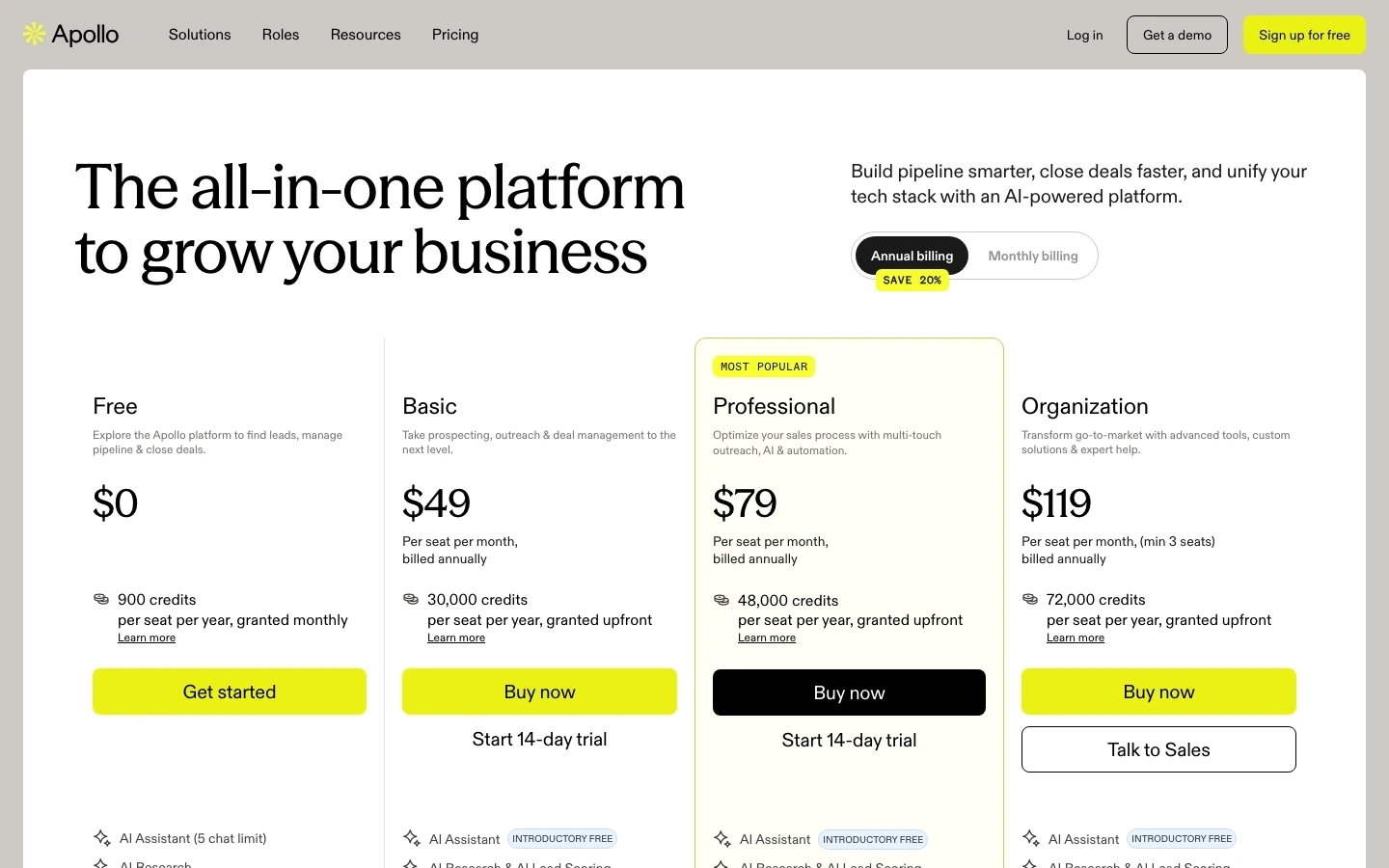 Apollo pricing page showing Free, Basic, Professional, and Organization prices