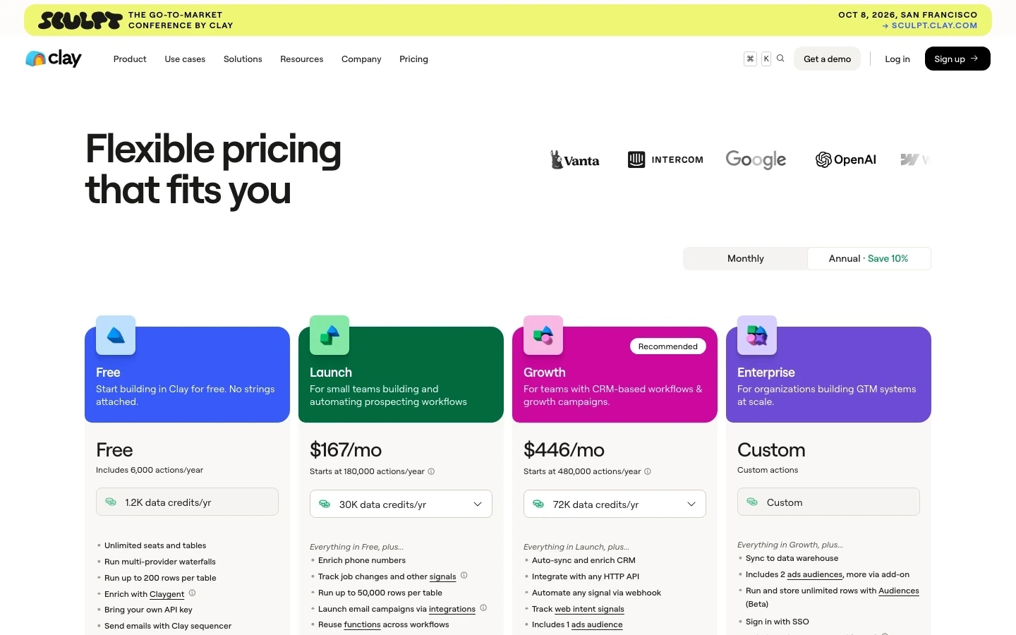 Clay pricing page showing Free, Launch, Growth, and Enterprise plan cards