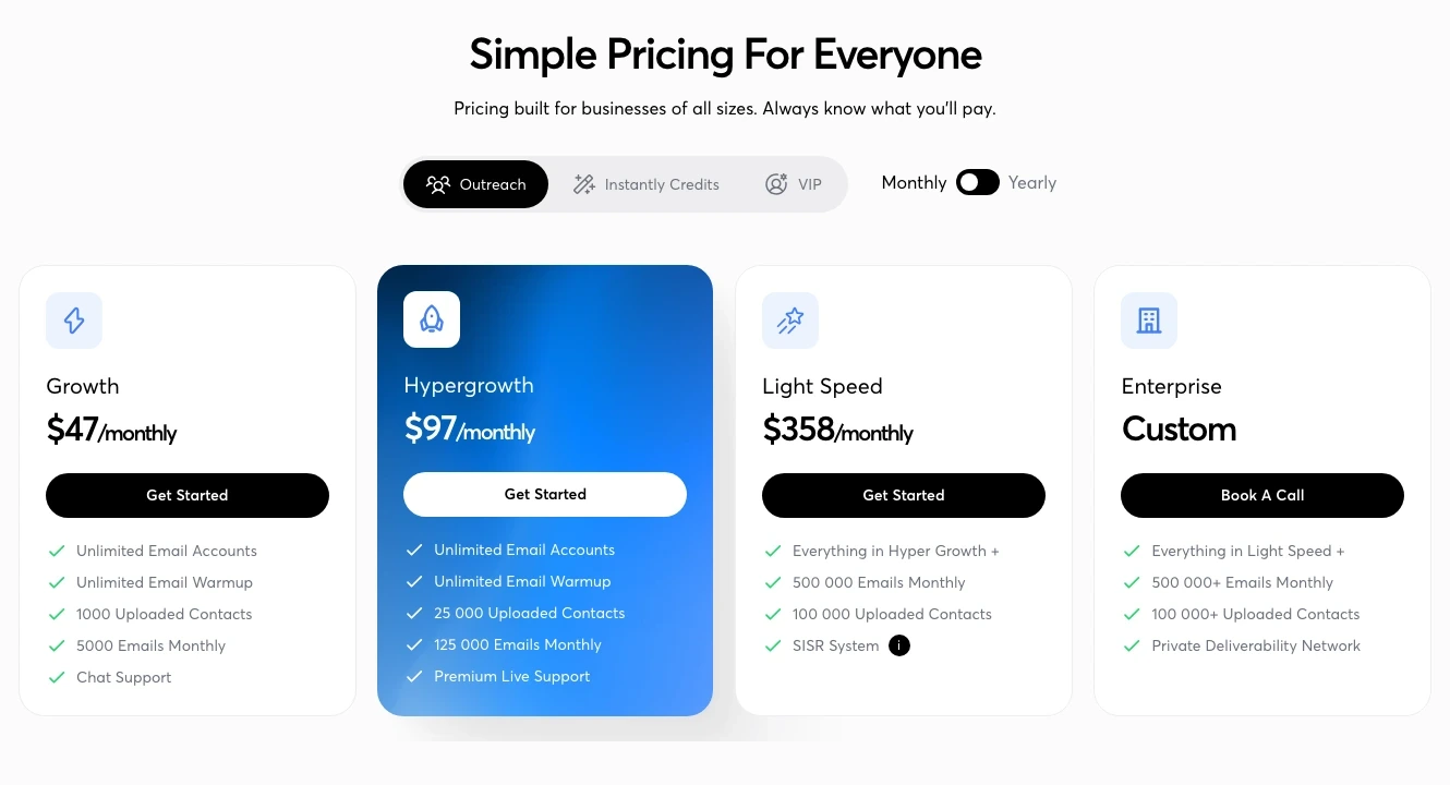 Instantly official pricing cards showing Growth Hypergrowth and Light Speed outreach plans with contact and email limits