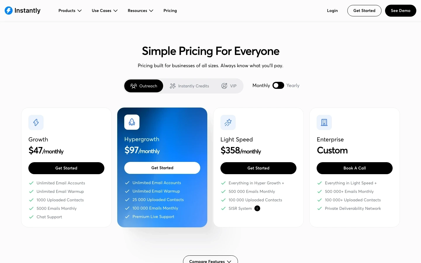 Instantly pricing page showing Growth, Hypergrowth, higher-volume, and Enterprise plans