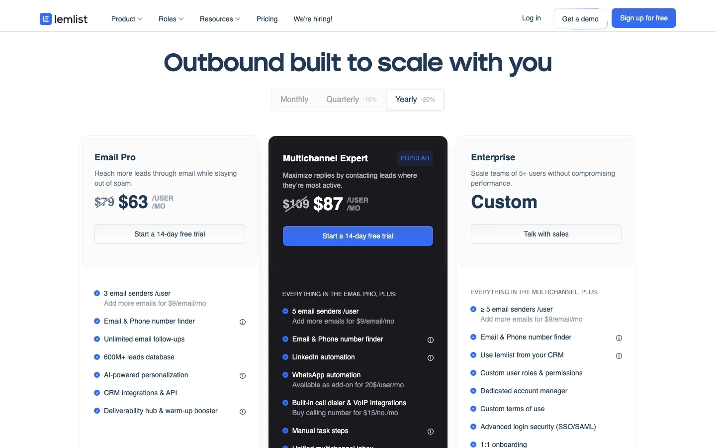 Lemlist pricing page showing Email Pro, Multichannel Expert, Enterprise, and add-on pricing