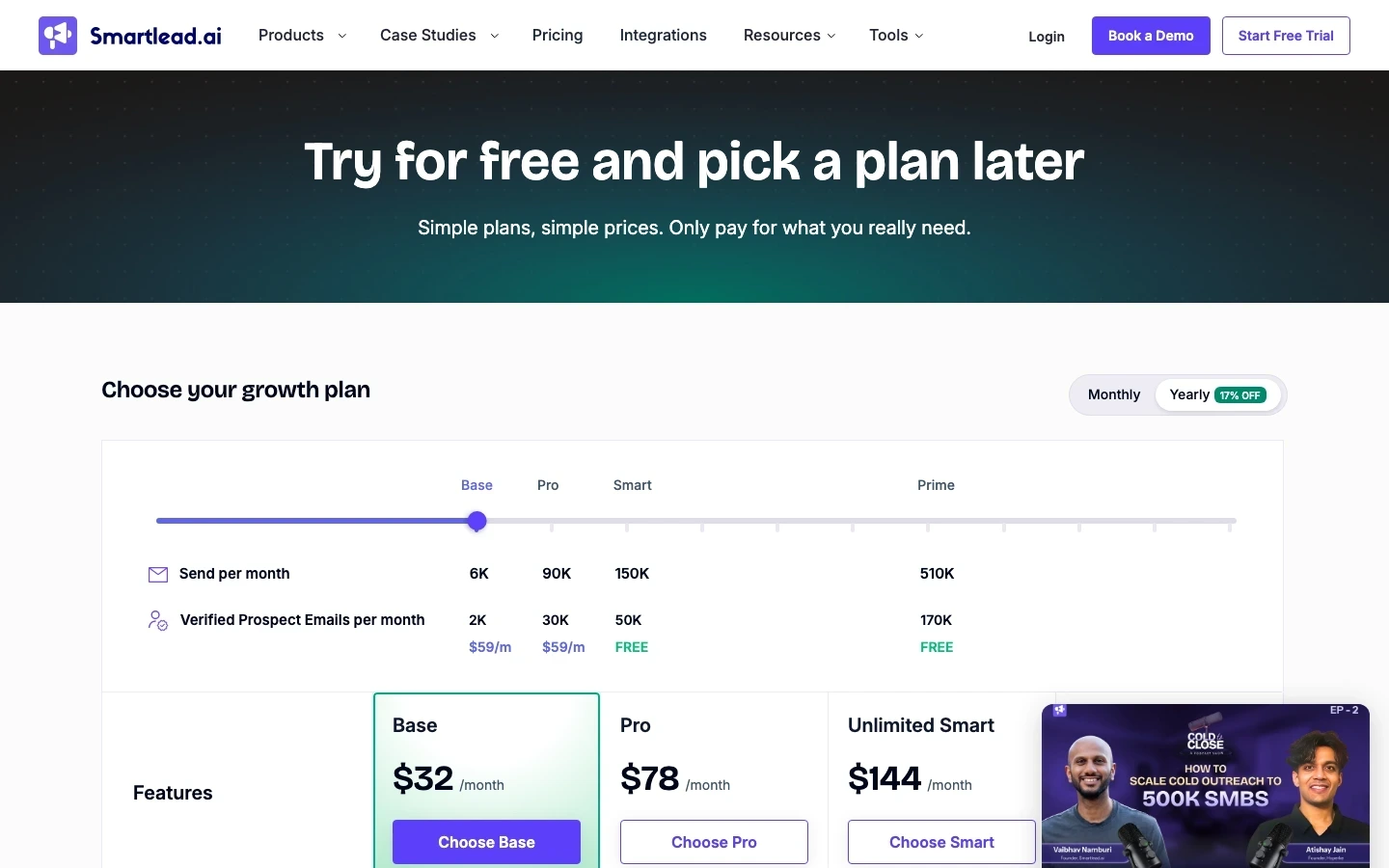 Smartlead pricing page showing current public plan cards and sender infrastructure add-ons