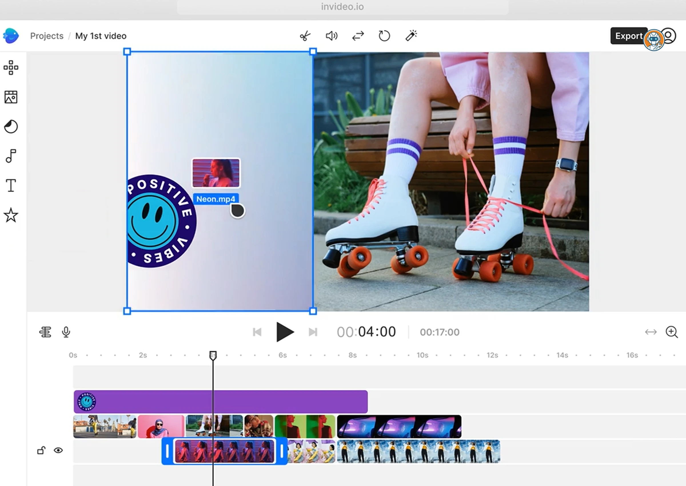 InVideo AI editor showing prompt-to-video workflow with assembled stock footage and AI-generated captions