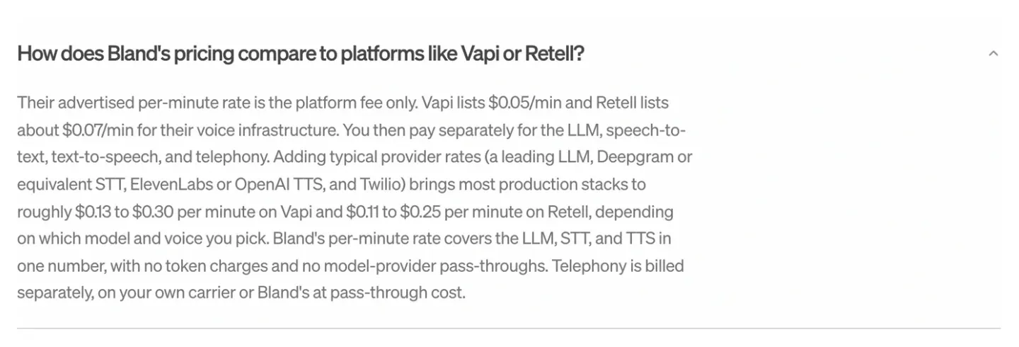 Bland AI pricing FAQ stating that LLM, speech, and transcription are bundled while telephony is billed separately