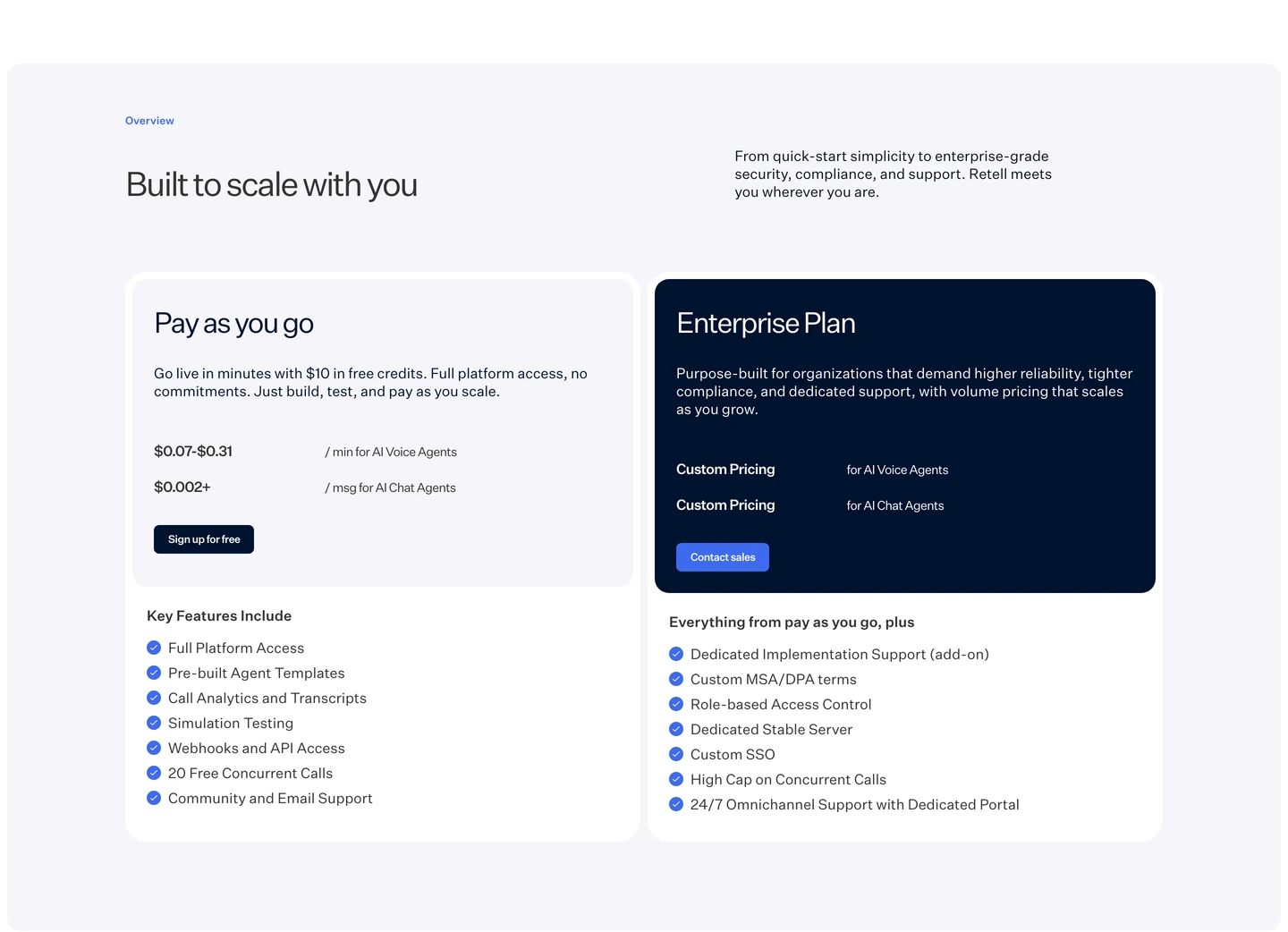 Retell pricing section showing pay-as-you-go voice agents, free credits, production controls, and enterprise options
