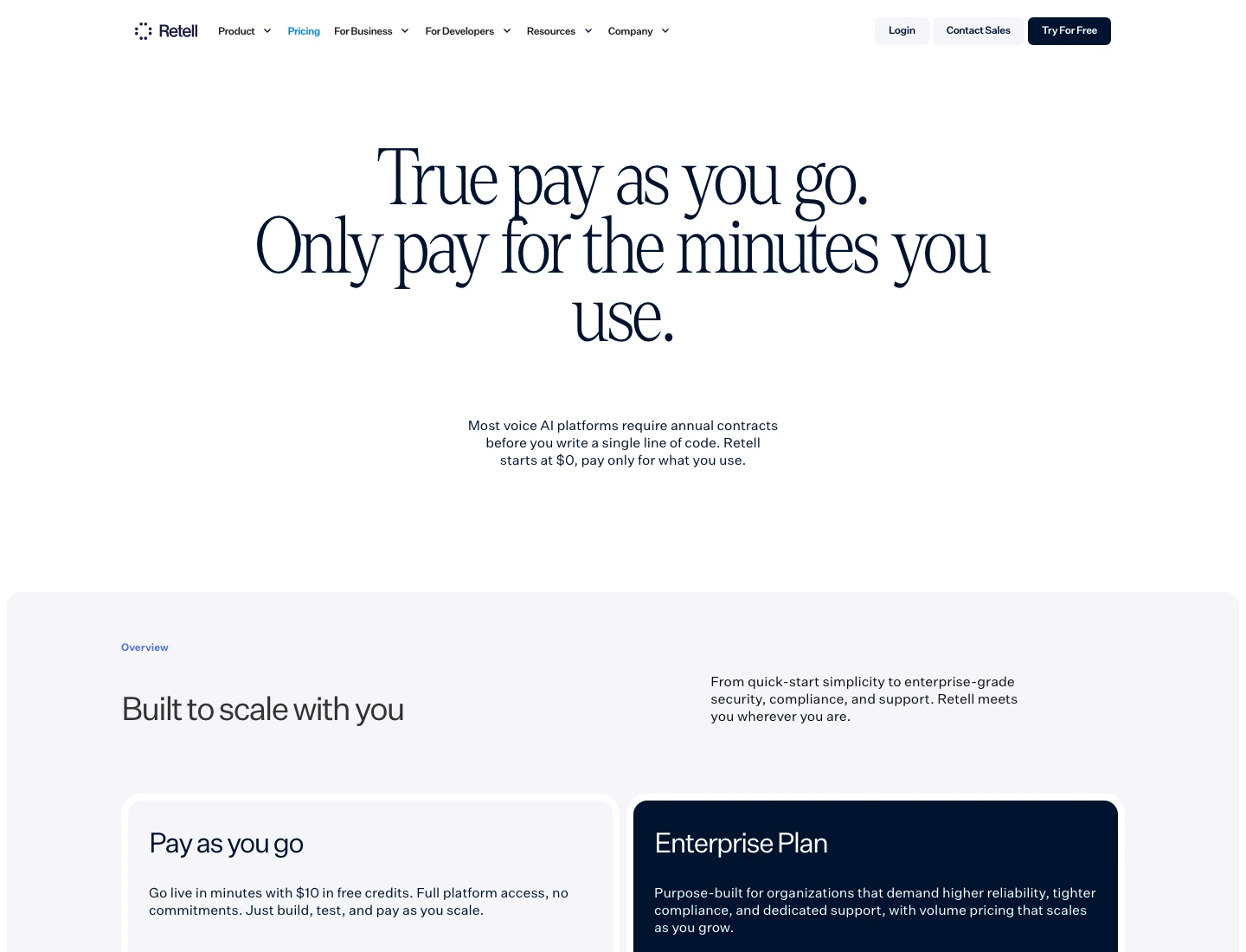 Retell AI pricing page showing pay-as-you-go voice agent pricing and plan cards