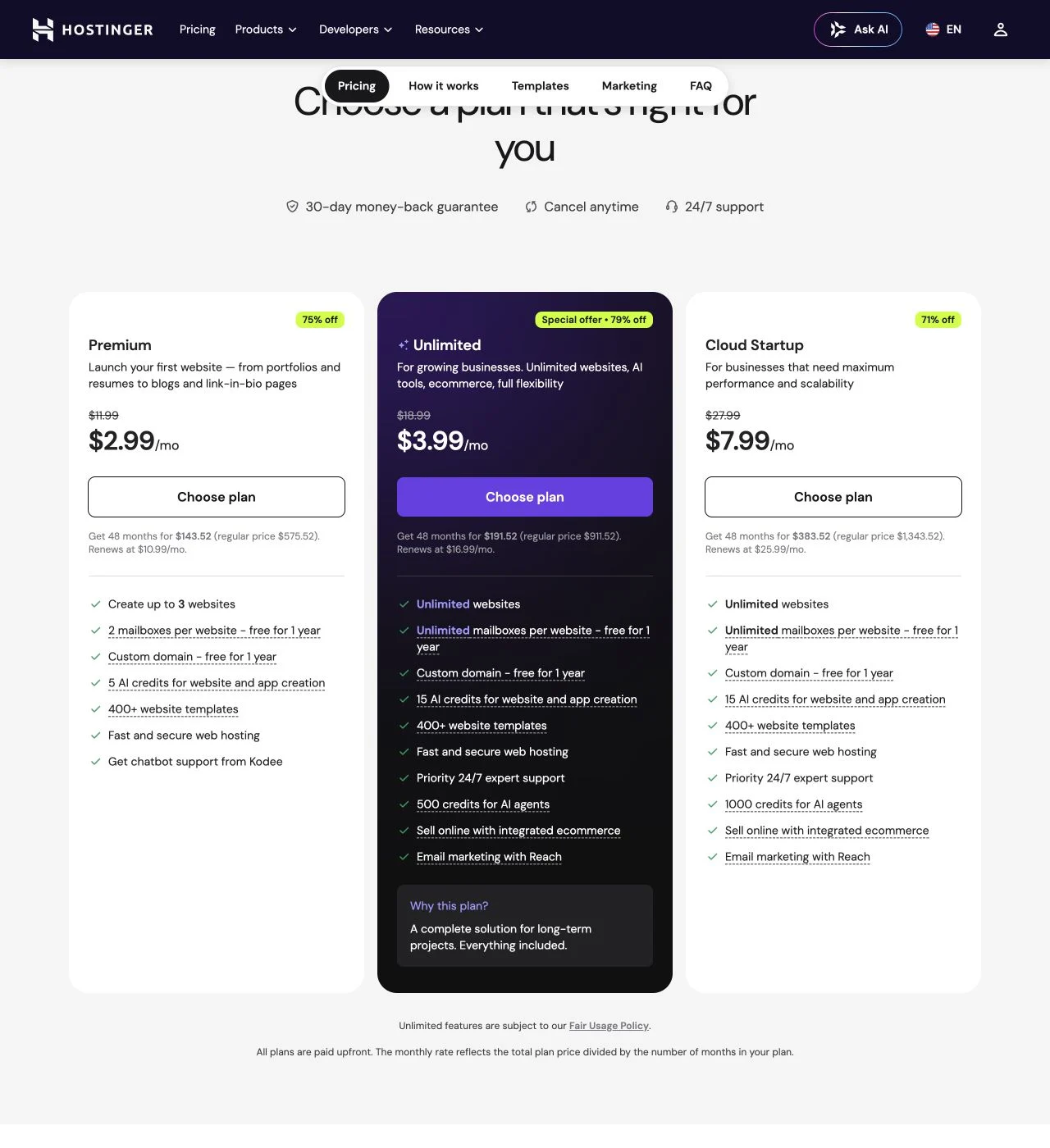 Hostinger official website builder pricing showing promotional rates, 48-month totals, and renewal prices