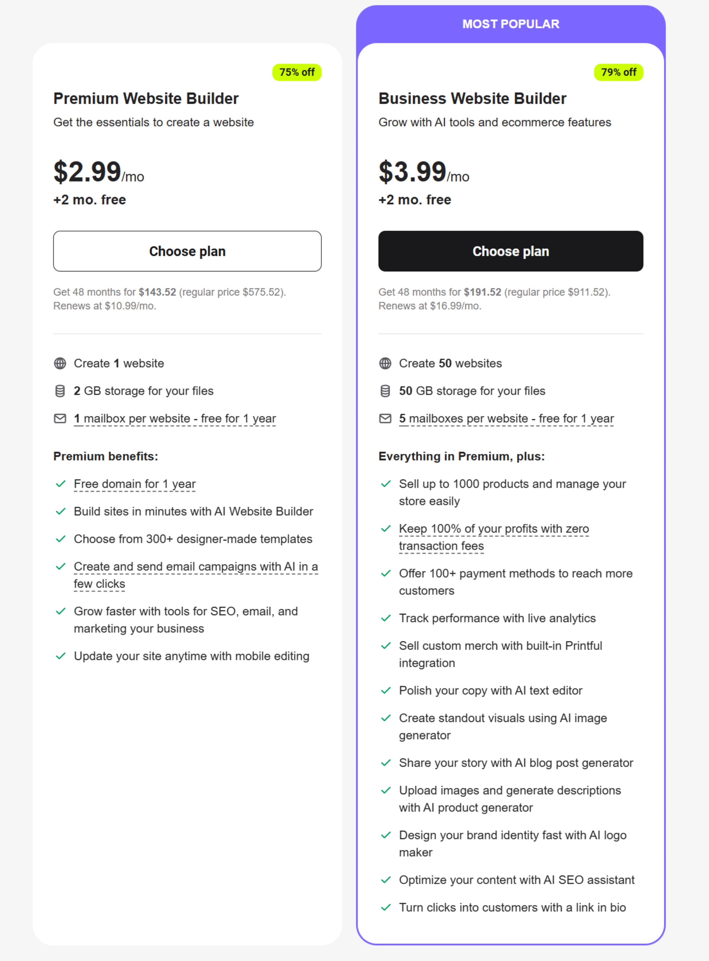 Hostinger website builder pricing page showing introductory rates and plan comparison