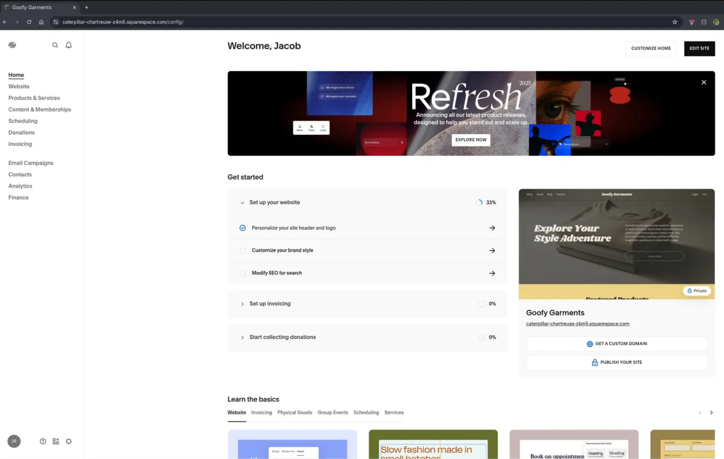 Squarespace Blueprint AI guided website setup showing template selection and brand customization options