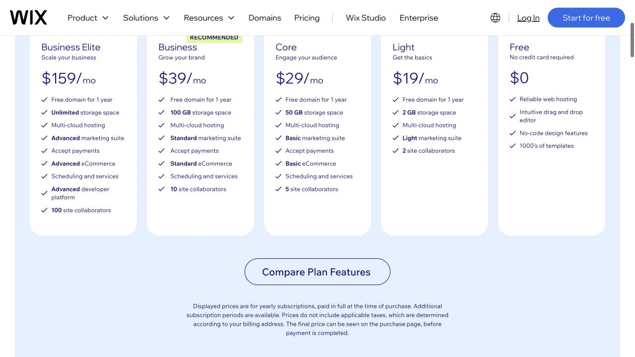 Wix official pricing cards showing Free, Light, Core, Business, and Business Elite yearly plan prices
