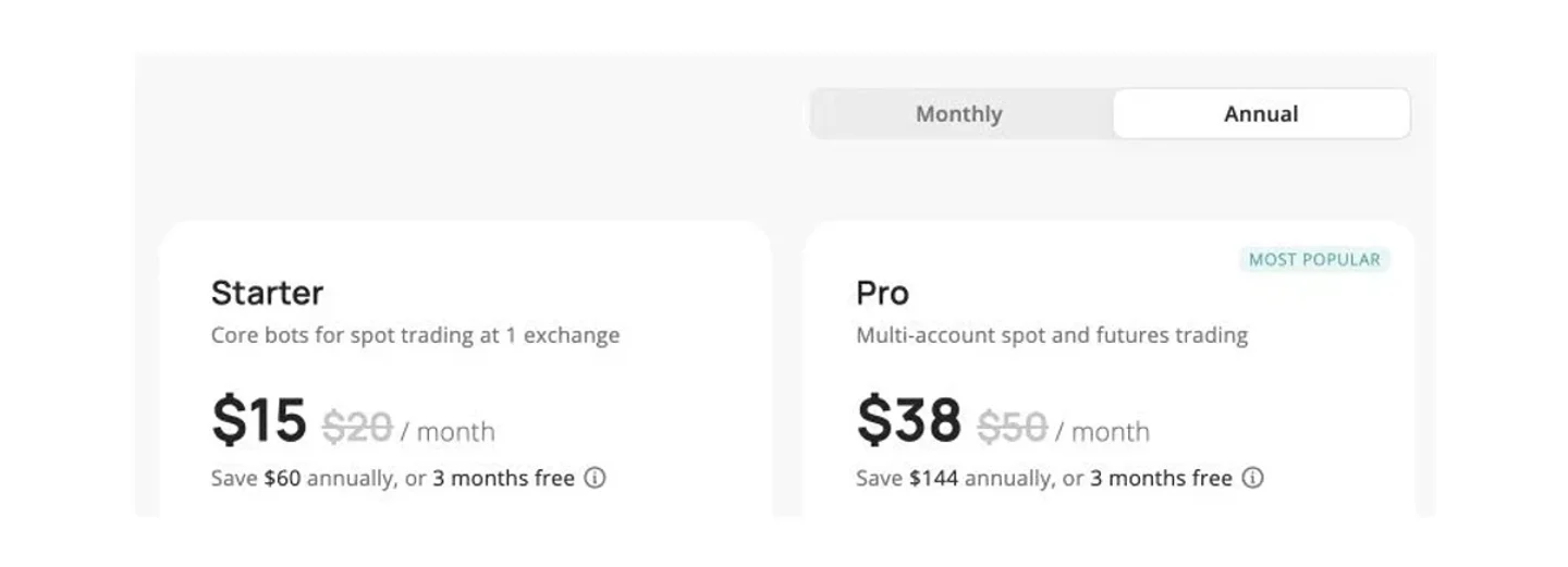 3Commas official pricing cards showing current Starter and Pro annual and monthly references