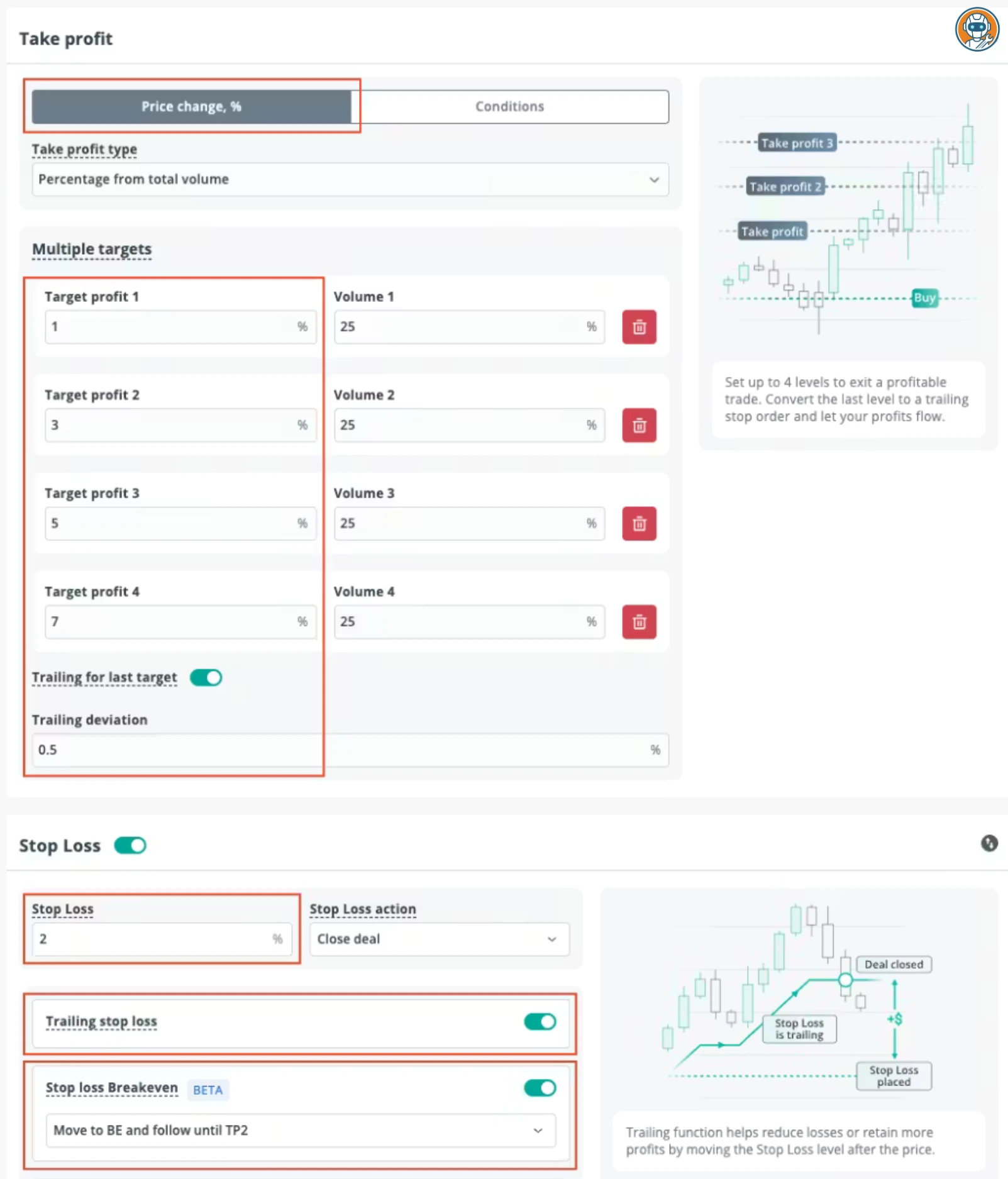 3Commas SmartTrade terminal showing multi-step order setup with trailing stop-loss and take-profit targets