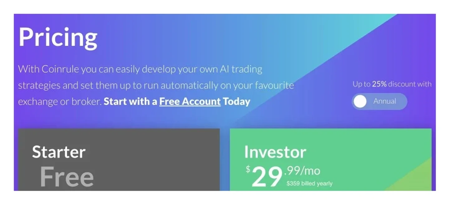 Coinrule official pricing showing the free Starter tier and annual Investor plan