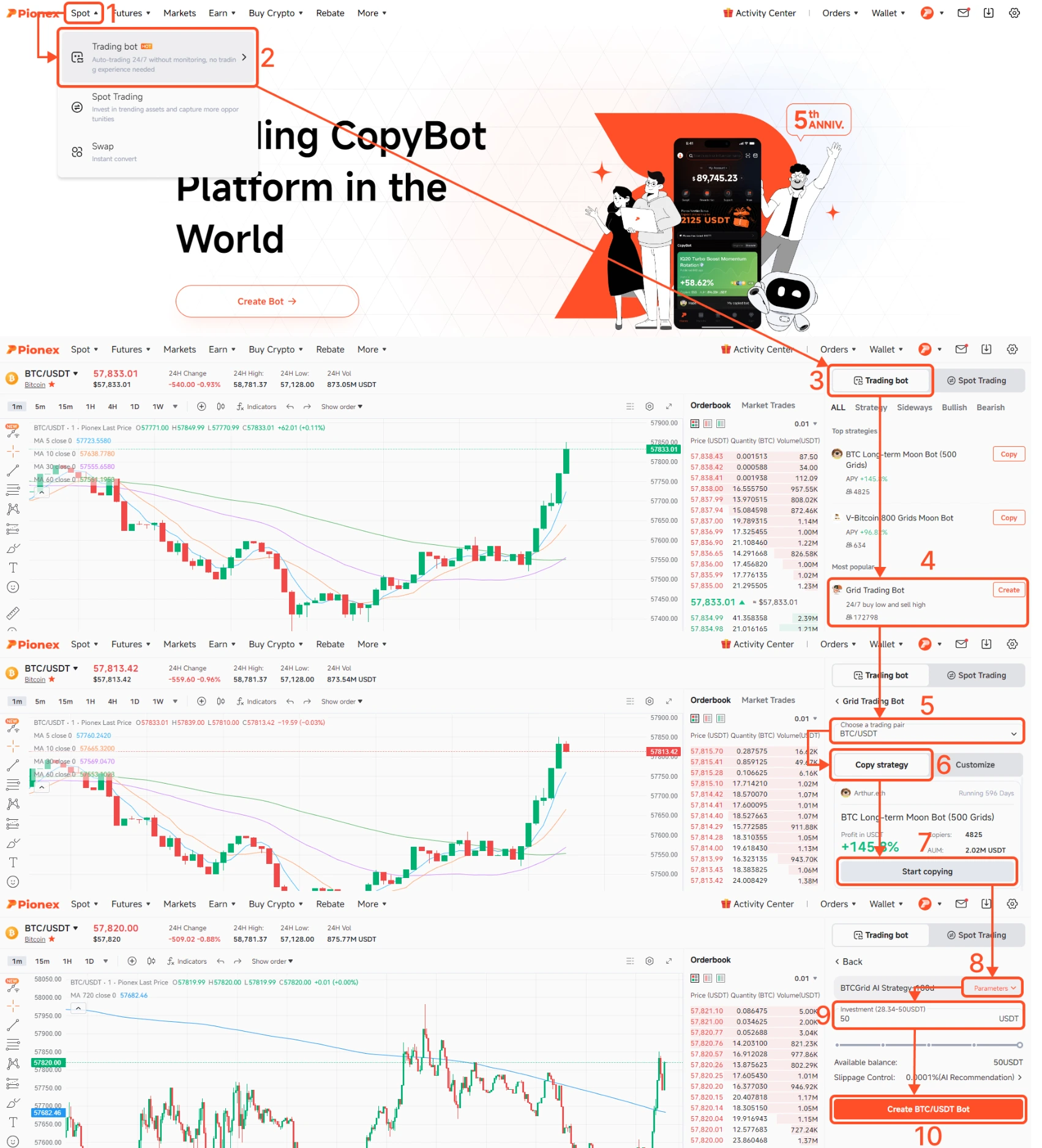 Pionex bot selection interface showing 16 built-in trading bots including Grid, DCA, and Arbitrage