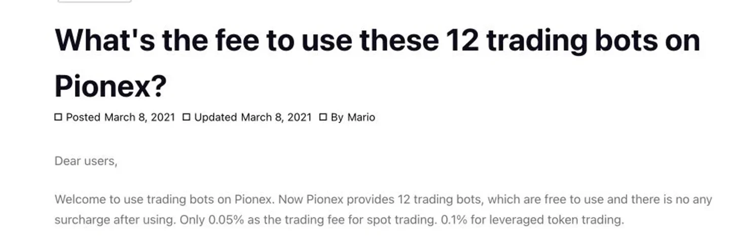 Pionex official bot fee article showing its March 2021 date and public fee statement