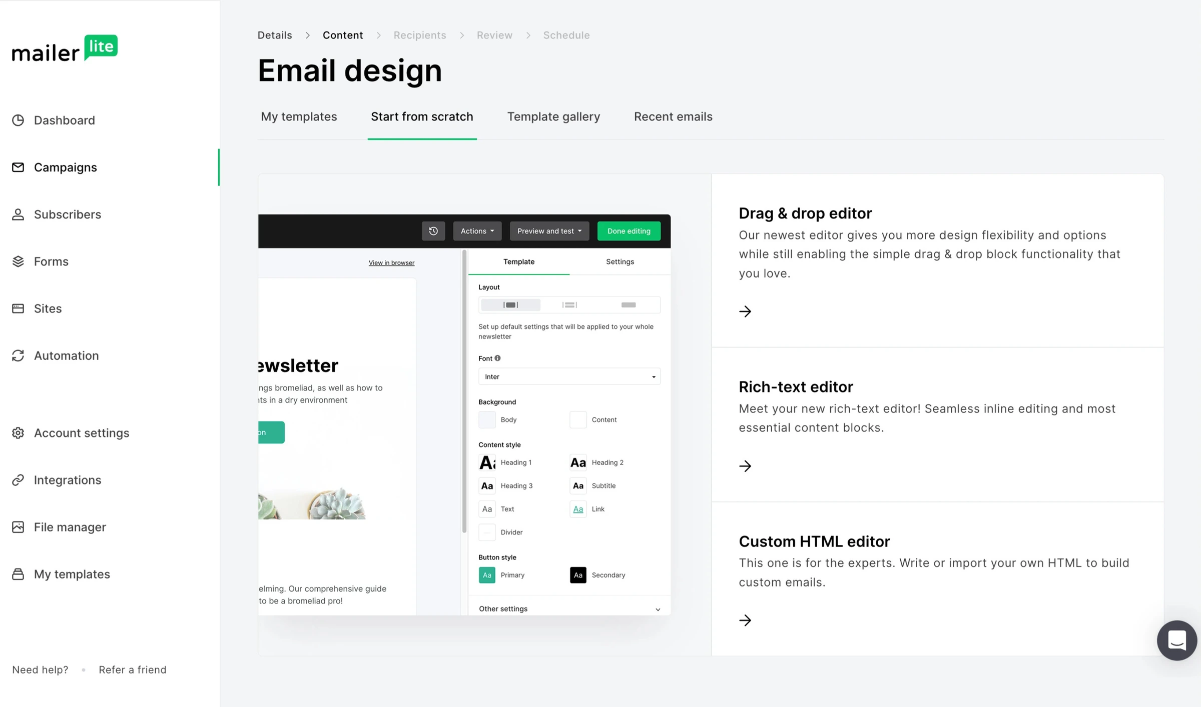 MailerLite drag-and-drop email editor showing a campaign being built with content blocks