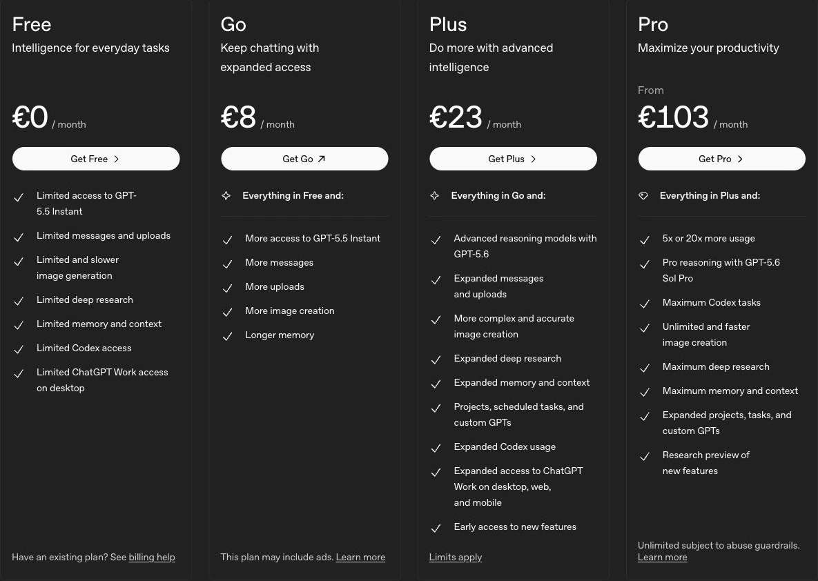 ChatGPT official localized pricing cards for Free, Go, Plus, and Pro