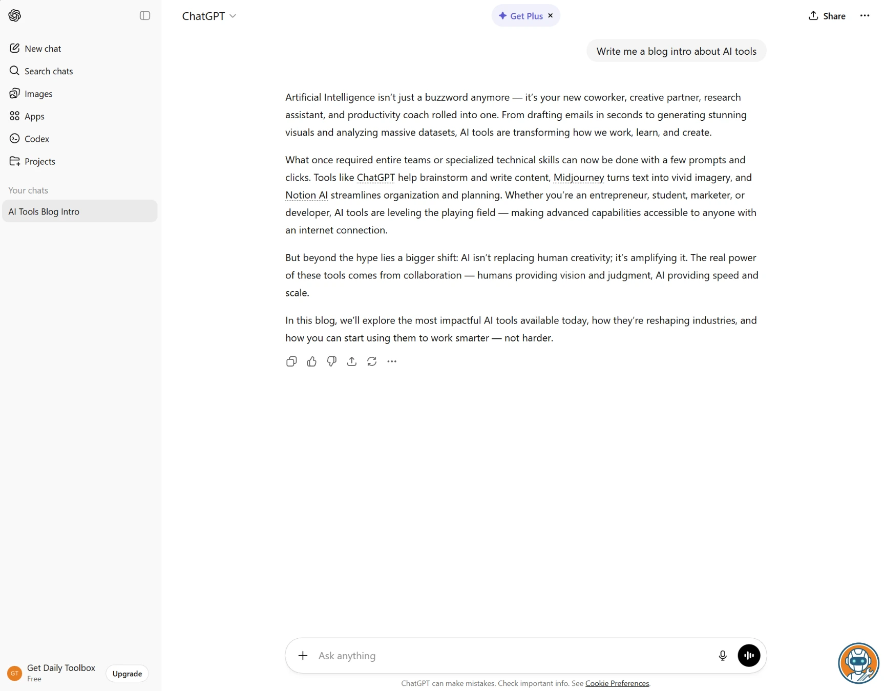 ChatGPT interface generating a blog intro paragraph about remote work productivity