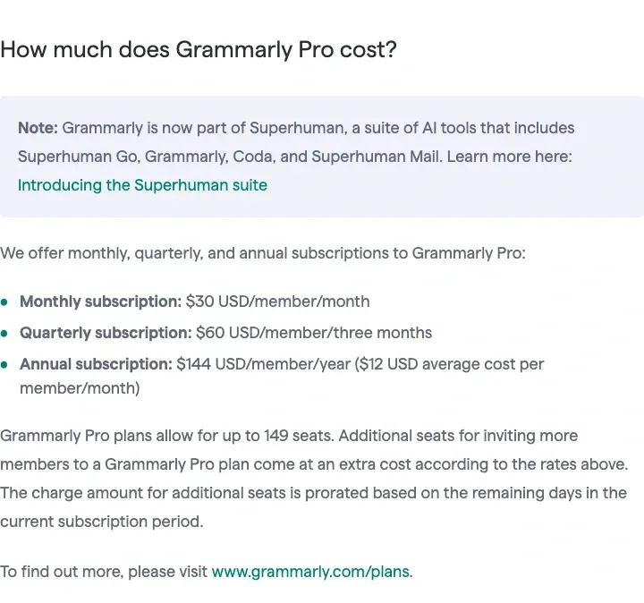 Grammarly official support article listing monthly, quarterly, and annual Pro billing